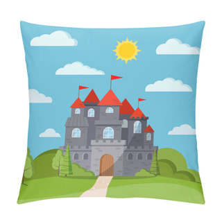 Personality  Cartoon Flat Style Fairy Tale Background With Grey Stone Castle Tower With Green Trees And Bushes, Clouds, Sun, Fields, Road. Vector Banner Illustration For Children With Fairy Castle And Landscape. Pillow Covers