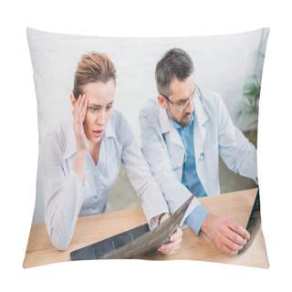 Personality  Doctor And Shocked Patient Examining Mri Scans Pillow Covers