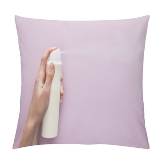 Personality  Cropped View Of Woman Spraying Deodorant On Violet Background With White Roses Pillow Covers