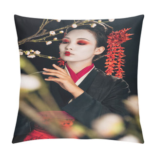 Personality  Selective Focus Of Beautiful Geisha In Black Kimono With Red Flowers In Hair And Sakura Branches Isolated On Black Pillow Covers