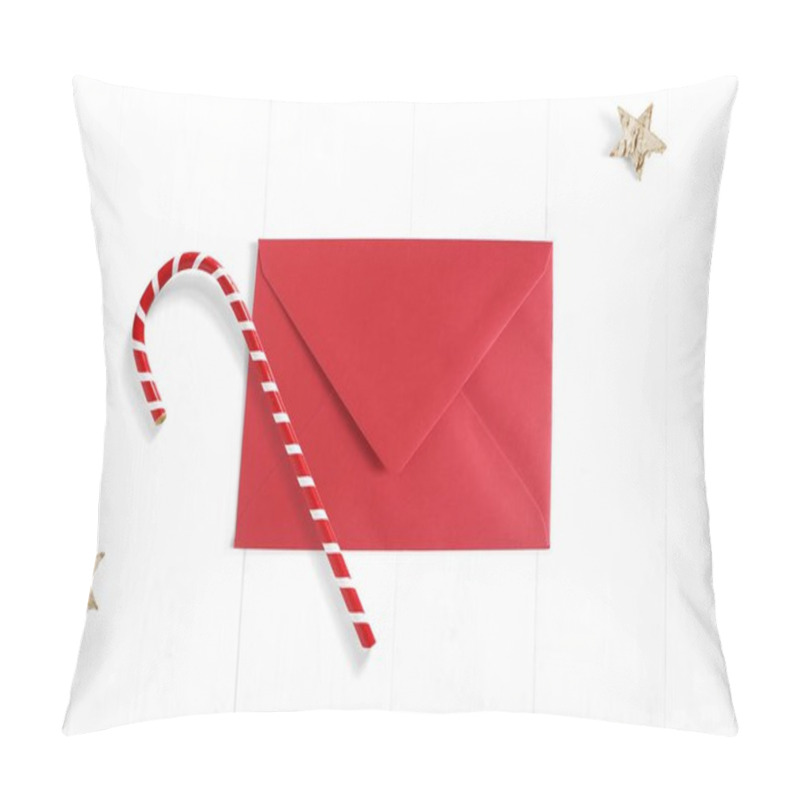 Personality  Christmas Mockup Scene With Red Envelope, Candy Cane Decoration And Stars Made Of Birch Bark On White Wooden Background. Empty Space For Your Text, Top View. Pillow Covers