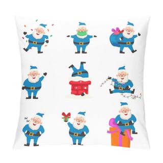 Personality  Set Of Funny And Cute Illustrations With Santa Claus In Blue Suit. Pillow Covers