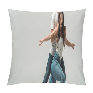 Personality  Panoramic Shot Of Dancers In Denim Jeans Dancing Bachata Isolated On Grey  Pillow Covers
