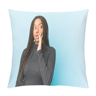 Personality  Young African American Woman Isolated On Blue Background Is Saying A Secret Hot Braking News And Looking Aside Pillow Covers