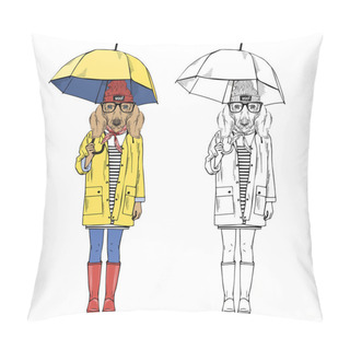 Personality  Dachshund Dog Girl  In Yellow Raincoat, Pillow Covers