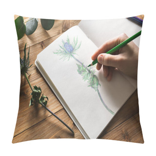 Personality  Female Hand Drawing Plant In Sketchbook On Wooden Background Pillow Covers