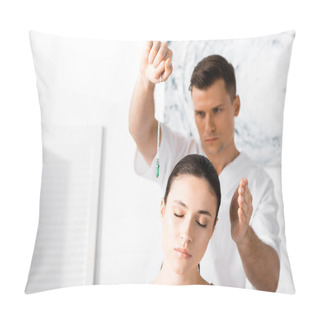 Personality  Focused Hypnotist Standing Near Woman With Closed Eyes And Holding Green Stone Pillow Covers