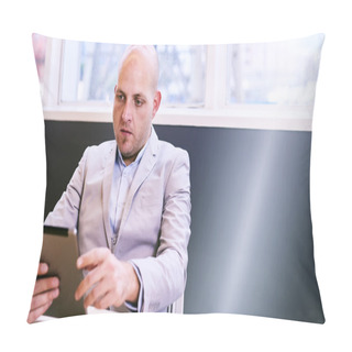 Personality  Business Man Holding And Using A High Tech Tablet Pillow Covers