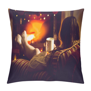 Personality  Toned Photo Of Woman Warming Up With Hot Tea At Fireplace Pillow Covers