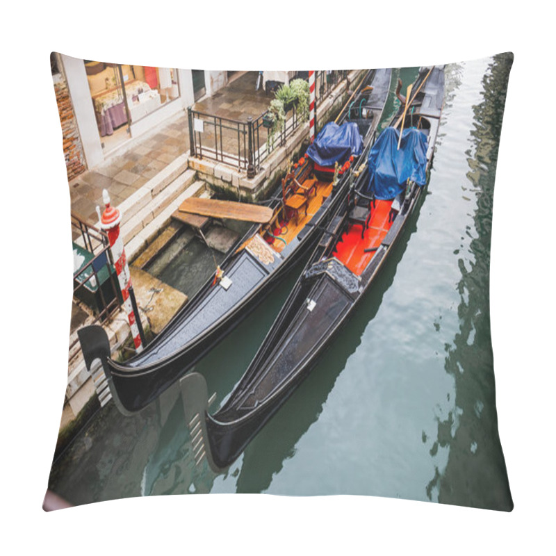 Personality  VENICE, ITALY - SEPTEMBER 24, 2019: high angle view of gondolas and canal in Venice, Italy  pillow covers