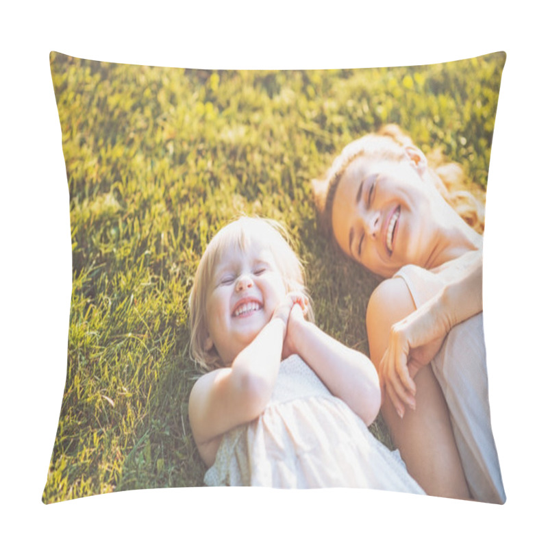 Personality  Smiling Mother And Baby Laying On Meadow Pillow Covers
