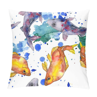 Personality Spotted Aquatic Underwater Colorful Fish Set. Red Sea And Exotic Fishes Inside. Watercolor Illustration Set. Watercolour Drawing Fashion Aquarelle. Seamless Background Pattern. Fabric Wallpaper Print. Pillow Covers