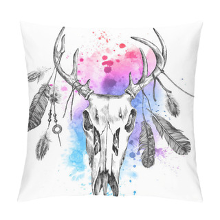 Personality  Illustration With Deer Scull And Feathers Pillow Covers