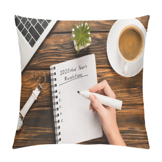 Personality  Cropped View Of Businesswoman Holding Felt-tip Pen Near Notebook With 2020 New Years Resolution Near Coffee Cup, Laptop, Wristwatch And Potted Plant On Wooden Desk Pillow Covers