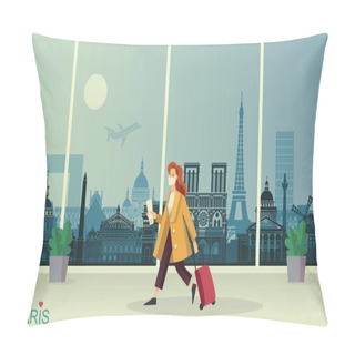 Personality  Young Lady In A Maske With Luggage At Paris Airport Pillow Covers