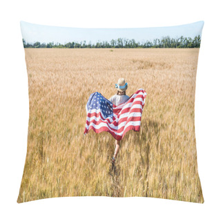 Personality  Back View Of Kid In Straw Hat Holding American Flag With Stars And Stripes In Field With Rye  Pillow Covers