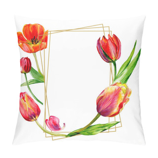 Personality  Amazing Red Tulip Flowers With Green Leaves. Hand Drawn Botanical Flowers. Watercolor Background Illustration. Frame Border Ornament Crystal. Geometric Quartz Polygon Crystal Stone. Pillow Covers
