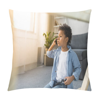 Personality  Adorable Afro Boy Talking By Phone Pillow Covers