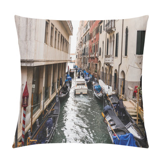 Personality  VENICE, ITALY - SEPTEMBER 24, 2019:motor Boat Floating On Canal Near Ancient Buildings In Venice, Italy  Pillow Covers