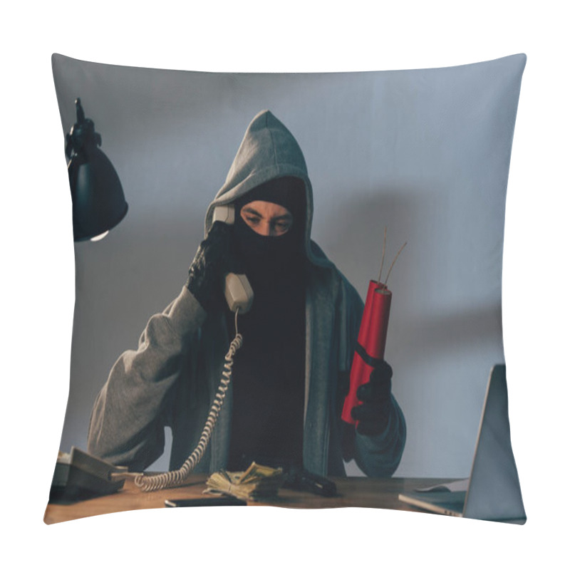 Personality  Terrorist In Mask Holding Dynamite And Talking On Phone Pillow Covers