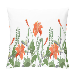 Personality  Vector Seamless Floral Border, Pattern. Orange Color Lilies, Daylilies, Green Wormwood, Quinoa. Pillow Covers