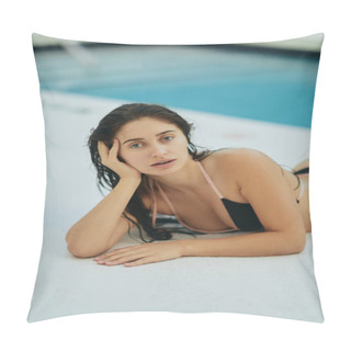 Personality  Portrait Of Sexy Woman In Black Bikini, Young Model With Wet Hair Posing Next To Swimming Pool In Luxury Resort, Miami, Florida, USA, Blurred Background, Laying Down, Poolside Relaxation  Pillow Covers