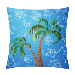 Personality  Watercolor Palms And Hand Draw Surf Icon Pillow Covers