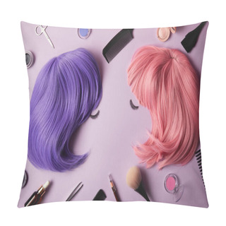 Personality  Top View Of Pink And Violet Wigs, False Eyelashes, Makeup Tools And Cosmetics On Purple Pillow Covers