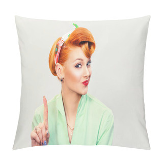 Personality  Woman Gesturing A No Sign. Serious Pinup Retro Style Girl Raising Finger Up Saying Oh No Pillow Covers