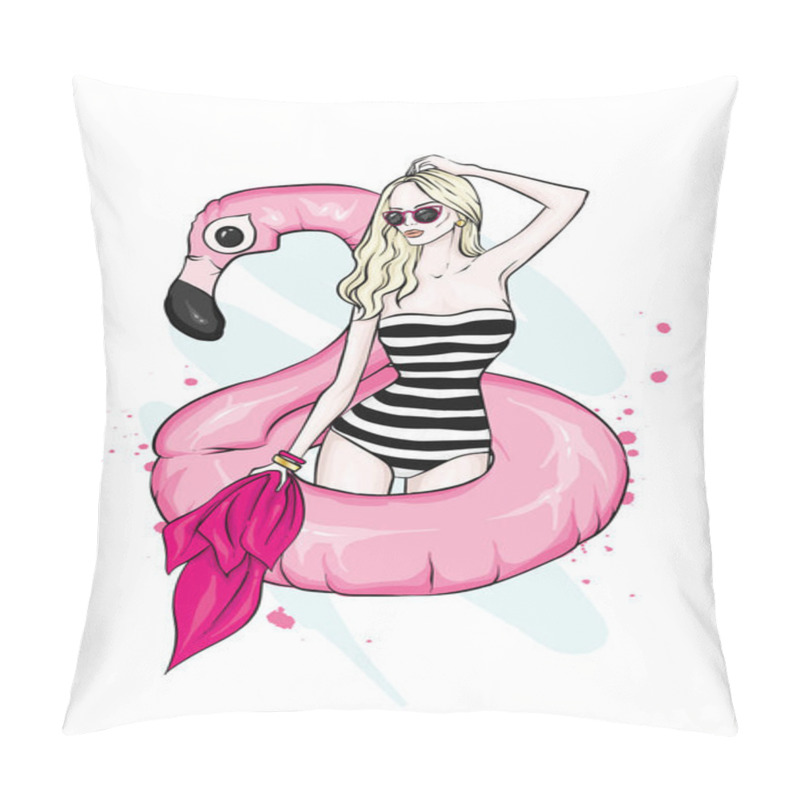 Personality  A beautiful girl in a swimsuit with a swimming circle looking like a flamingo. Sea, vacation, vacation. Vector illustration, sketch. Fashion & Style. Set. pillow covers