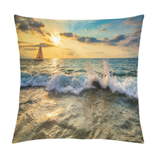 Personality  A Sailboat Is Sailing Along With A Colorful Ocean Sunset Sky And Birds As Gentle Wave Rolls To Shore Pillow Covers