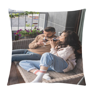 Personality  Handsome Man And Attractive Woman Sitting On Outdoor Sofa And Drinking Red Wine Pillow Covers