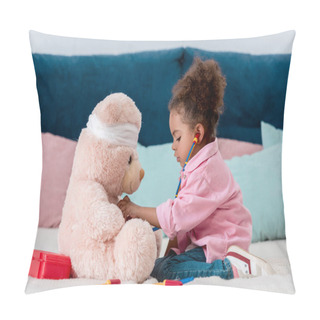 Personality  Little African American Child In Pink Jacket Playing The Doctor  With Teddy Bear  Pillow Covers