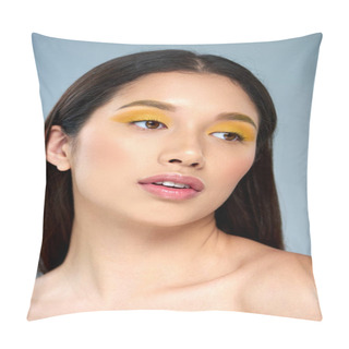 Personality  Female Elegance, Pretty Asian Woman With Bold Makeup And Bare Shoulders Posing On Blue Backdrop Pillow Covers