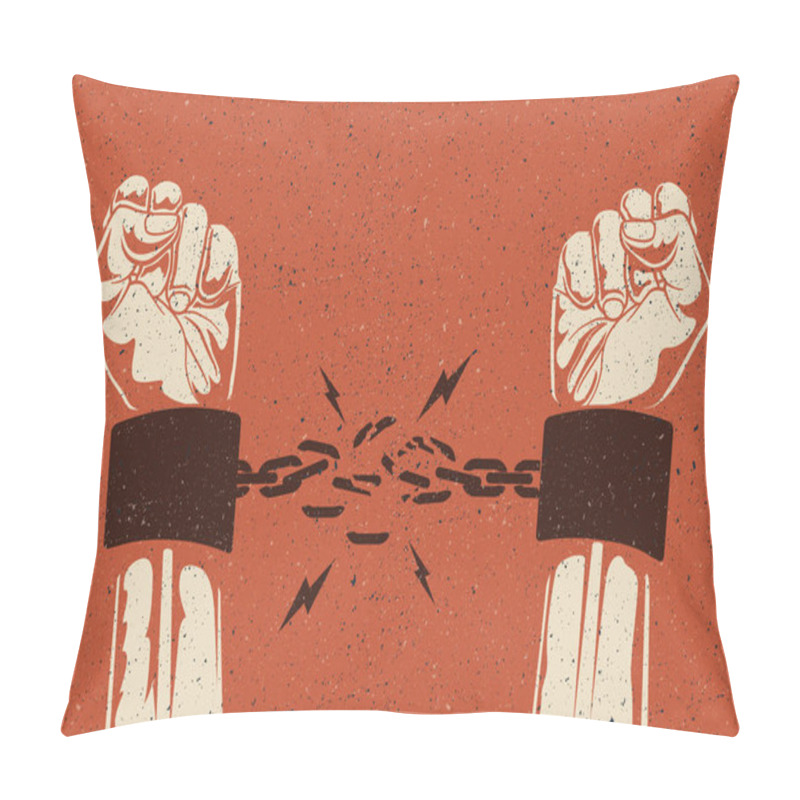 Personality  Human Hands Break The Chain. Freedom Release Concept. Broken Chain. Vintage Styled Vector Illustration. Pillow Covers