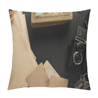 Personality  Top View Of Vintage Camera, Paper, Painting, Fountain Pen, Keys On Black Background Pillow Covers
