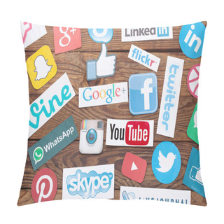 Personality  KIEV, UKRAINE - AUGUST 22, 2015:Collection Of Popular Social Media Logos Printed On Paper:Facebook, Twitter, Google Plus, Instagram, Pinterest, Skype, YouTube, Linkedin And Others  Pillow Covers