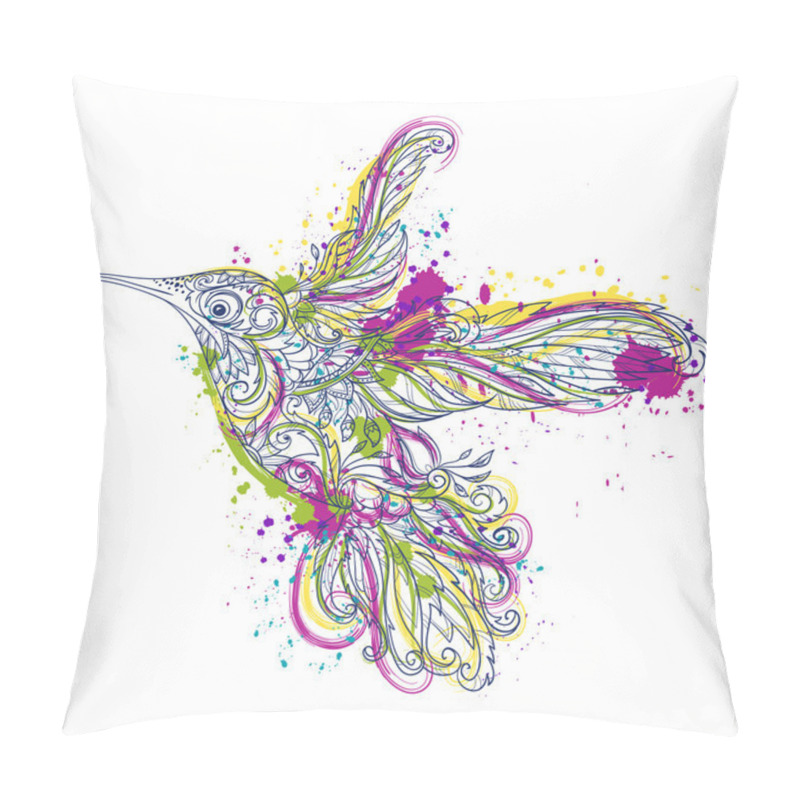Personality  Hummingbird with floral ornament and abstract splashes in watercolor style. Tattoo art. Retro banner, invitation,card, scrap booking. t-shirt, bag, postcard, poster.Vector illustration pillow covers