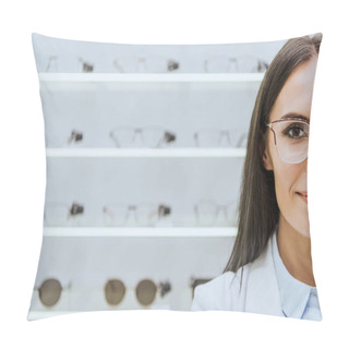 Personality  Attractive Female Optometrist In Eyeglasses Standing In Optica Pillow Covers