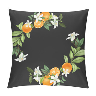 Personality  Wreath Of Hand Drawn Blooming Mandarin Tree Branches, Mandarin Flowers And Mandarins, Isolated Illustration On A Dark Background Pillow Covers