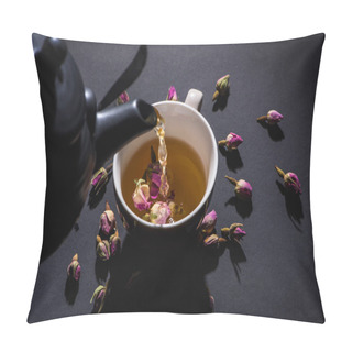 Personality  Pouring Tea From Black Kettle Into Cup And Dry Pink Rose Buds On Black Pillow Covers