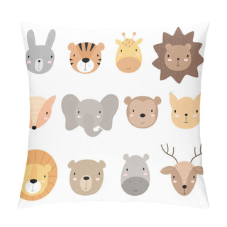 Personality  A Set Of Cute Cartoon Animal Heads. Suitable For Stickers, Posters, Postcards, Invitations. Vector Illustration. Rabbit, Tiger, Giraffe, Hedgehog, Fox, Elephant, Monkey, Squirrel, Lion, Bear, Hippo Pillow Covers
