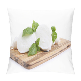 Personality  Tasty Mozzarella With Basil On Wooden Board Isolated On White Pillow Covers