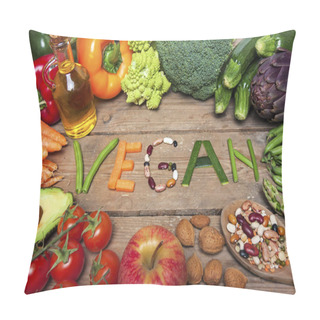 Personality  Vegan Word On Wood Background And Vegetable - Food Pillow Covers