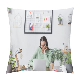 Personality  Young African American Interior Designer Working Near Laptop At Home Studio Pillow Covers