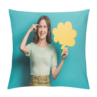 Personality  Cheerful Woman Showing Idea Sign While Holding Thought Bubble On Blue Background Pillow Covers
