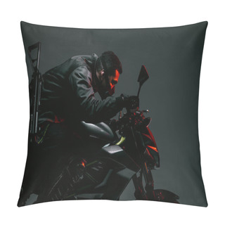 Personality  Profile Of Armed Bi-racial Cyberpunk Player In Mask Riding Motorcycle On Grey  Pillow Covers