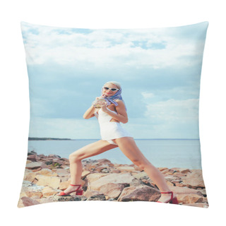 Personality  Blonde Girl In Silk Scarf And White Swimsuit Holding Mason Jar With Fresh Lemonade Pillow Covers
