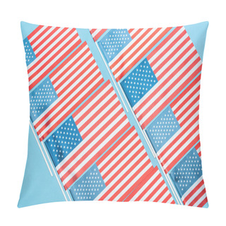 Personality  Flat Lay With American Flags On Sticks On Blue Background Pillow Covers