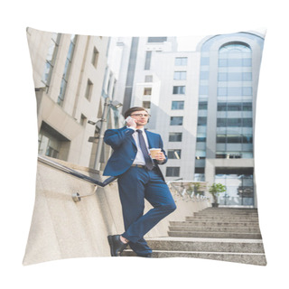 Personality  Bottom View Of Serious Young Businessman In Stylish Suit With Coffee To Go Talking By Phone On Stairs Near Business Building Pillow Covers